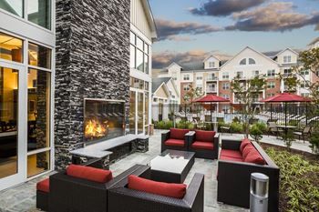 Outdoor deck with fireplace